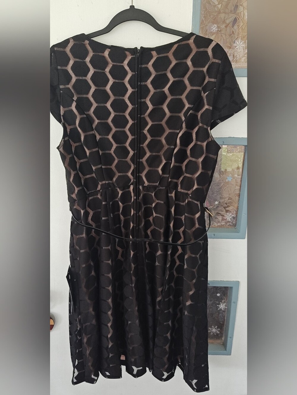 Avenue Black Midi Dress with Bronze Hexagon Pattern